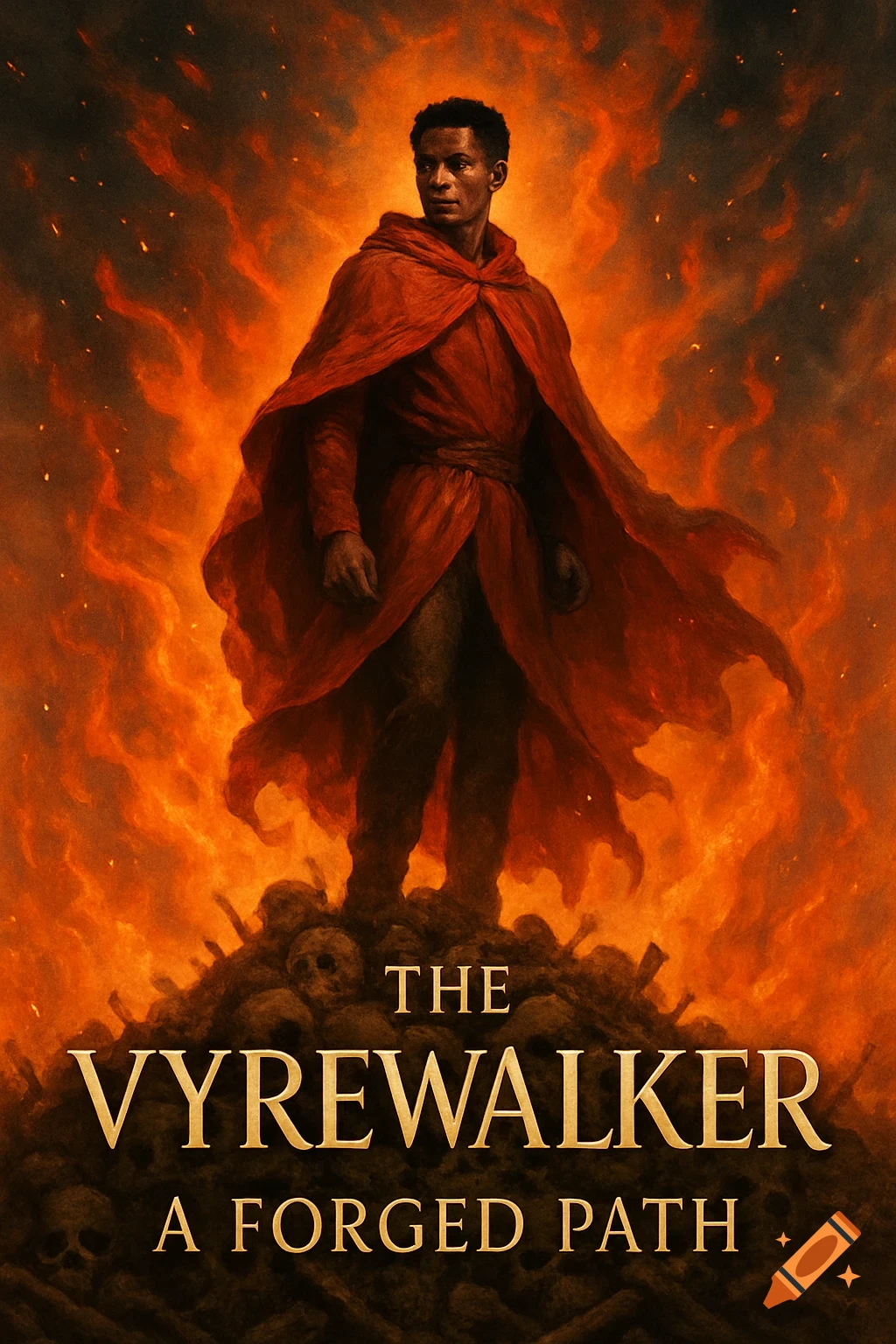 A young African American man in a red robe stands on a pile of skulls amidst flames. The book cover title reads 'The Vyrewalker A Forged Path'.