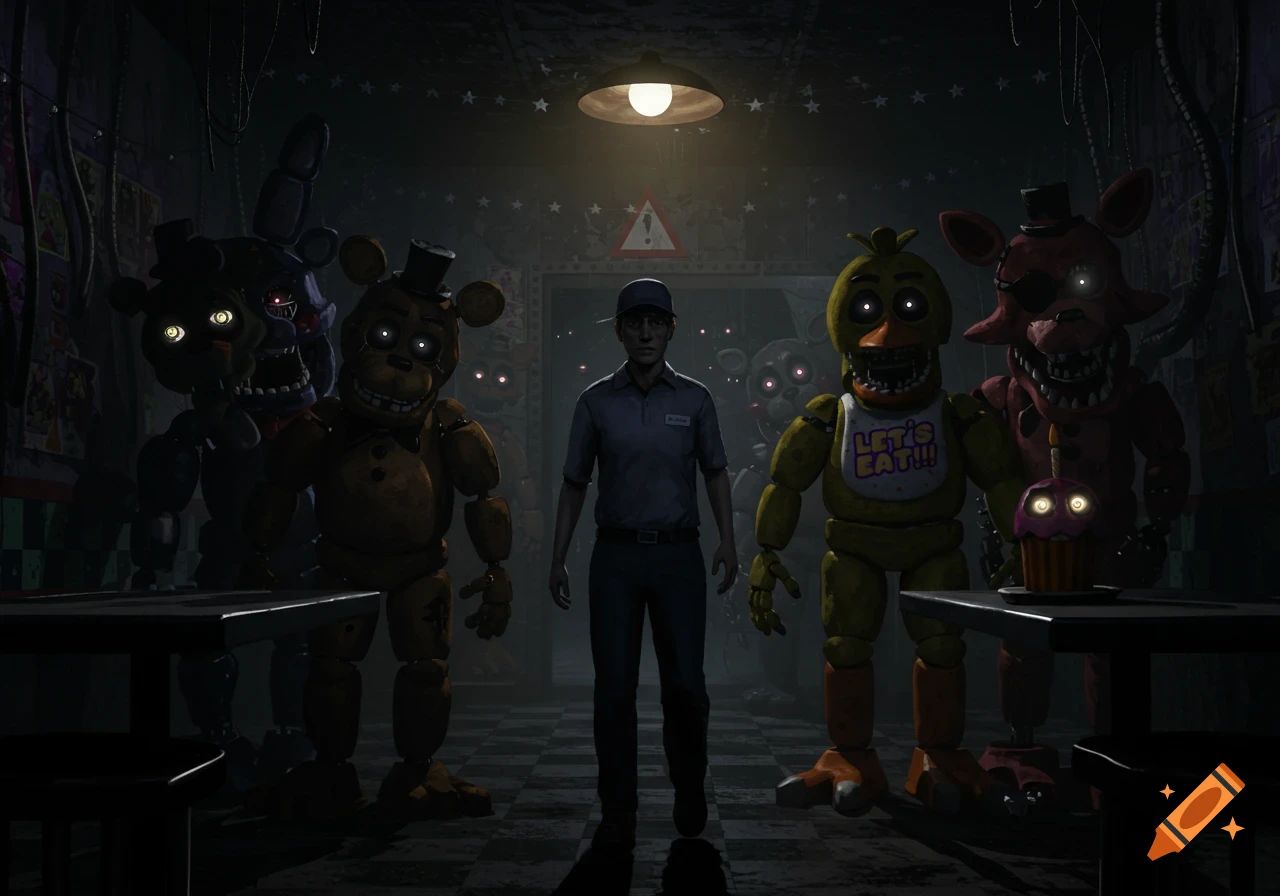 A human security guard stands in a dark, creepy room surrounded by five glowing-eyed animatronic characters from Five Nights at Freddy's.