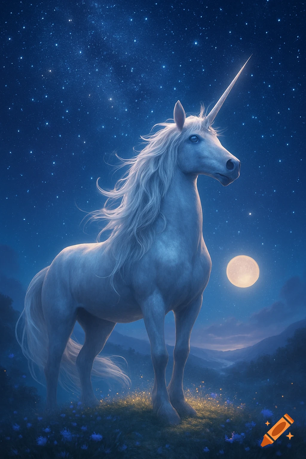 A majestic white unicorn stands in a moonlit field under a sparkling blue night sky with a full moon.