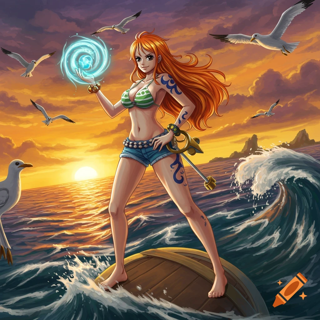 Anime-style Nami from One Piece stands on a barrel in the ocean at sunset, holding a glowing blue orb, with seagulls flying around.