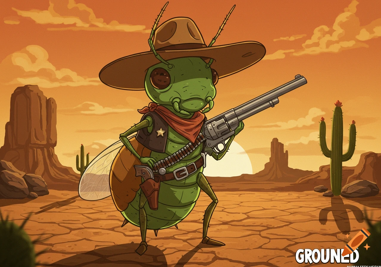 Cartoon aphid dressed as a cowboy with a hat, vest, and gun, standing in a desert landscape.