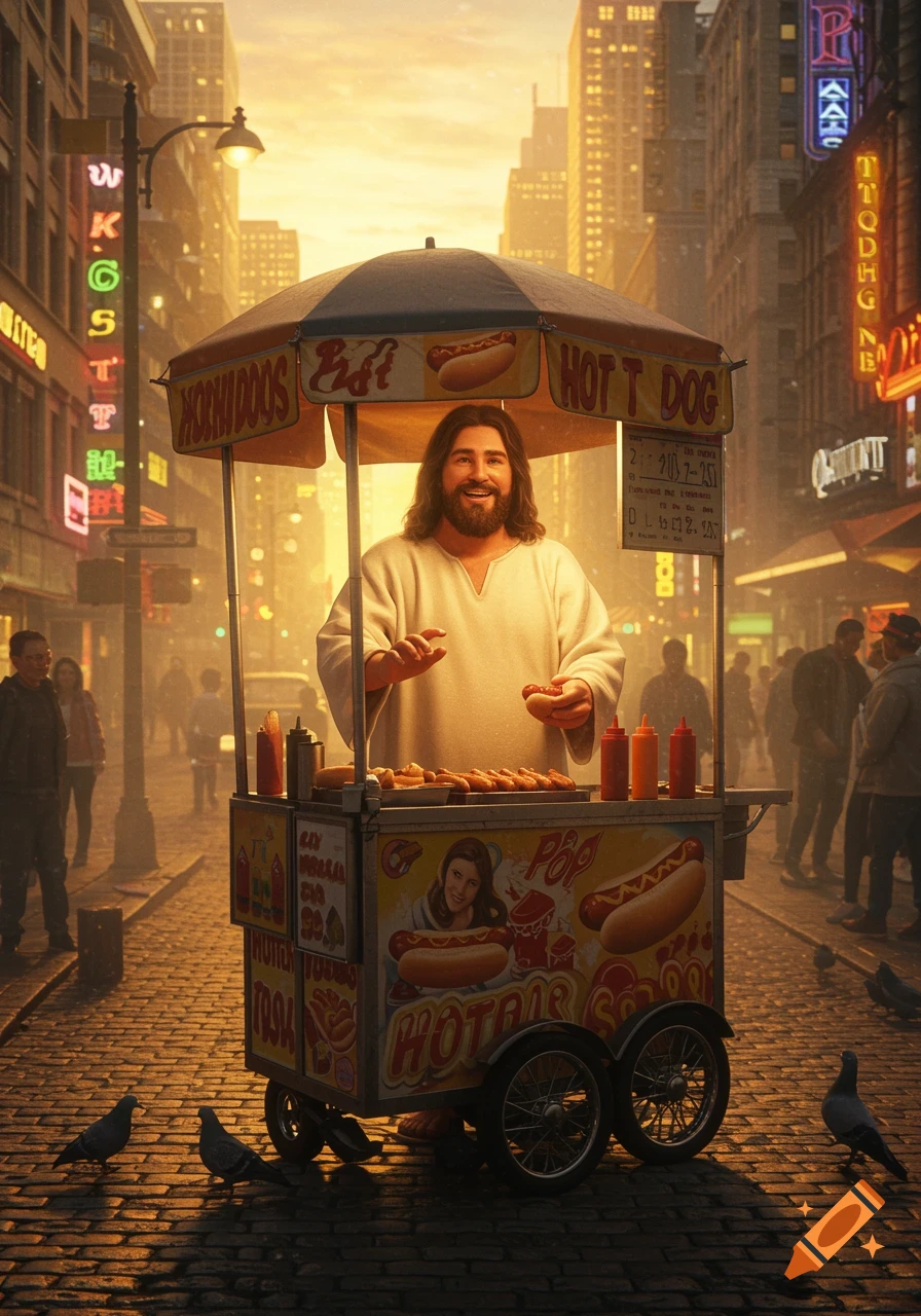 A smiling Jesus Christ, dressed in white robes, sells hot dogs from a street cart in a bustling city, bathed in warm, golden light.