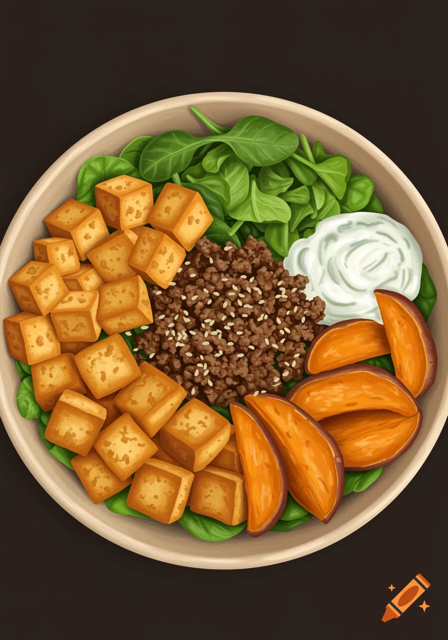 Illustrated top-down view of a colorful poke bowl with tofu cubes, ground beef, spinach, sweet potato wedges, and white dip.