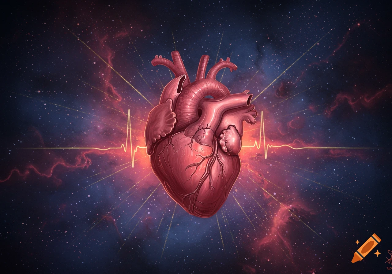 An anatomical heart floating in a vibrant galaxy with a glowing EKG line across a dark starry background.