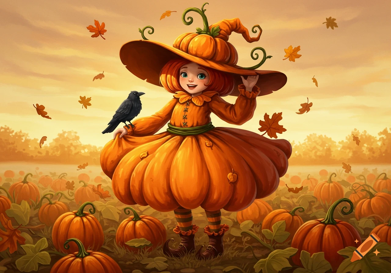 A cute cartoon pumpkin witch with a crow on her arm stands in a field of pumpkins with falling autumn leaves.