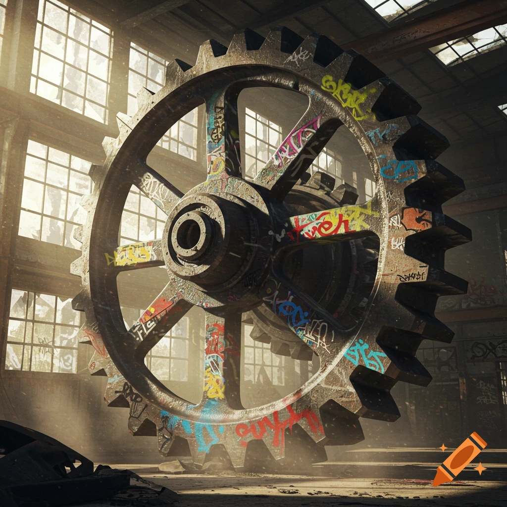A massive, rusty gear wheel covered in colorful graffiti stands in a dilapidated, sunlit industrial building.