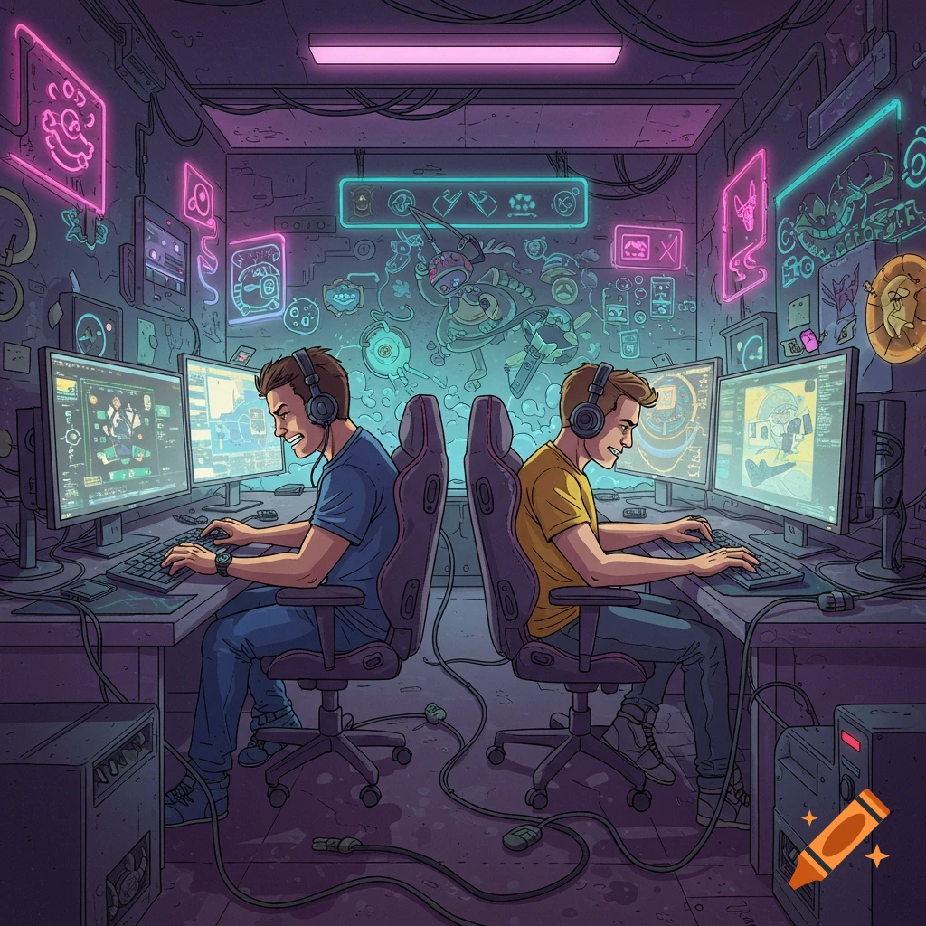 Two young men in headphones playing video games at computers in a neon-lit, tech-filled room, in a comic book style.