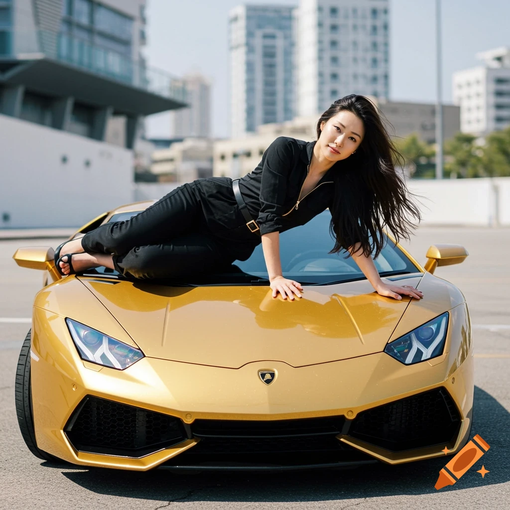 A woman in a black jumpsuit poses lying on the hood of a golden Lamborghini in an urban setting.