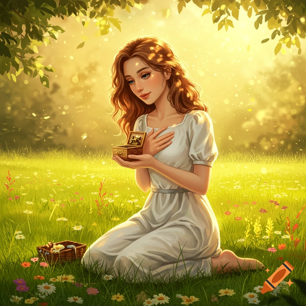 An illustrated woman kneels in a sunlit, grassy field with wildflowers, holding a small ornate box to her chest.