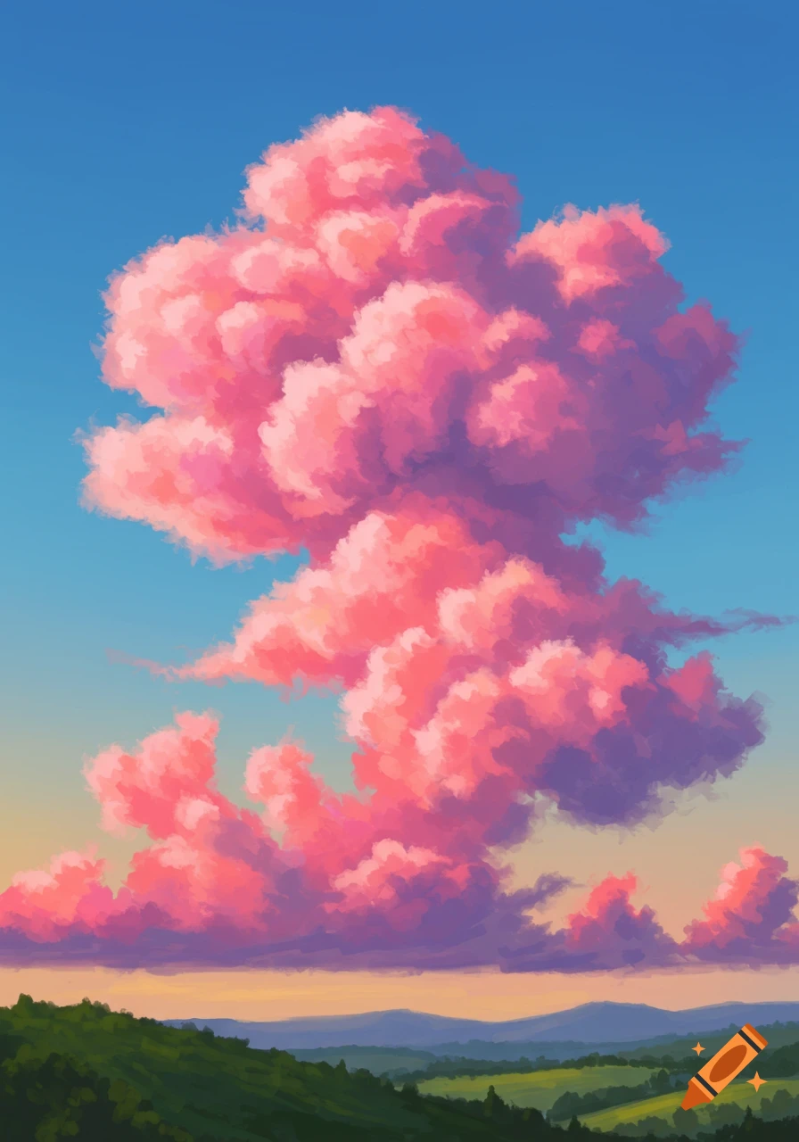 A vibrant illustration of large pink clouds dominating a blue sky above a green, hilly landscape.