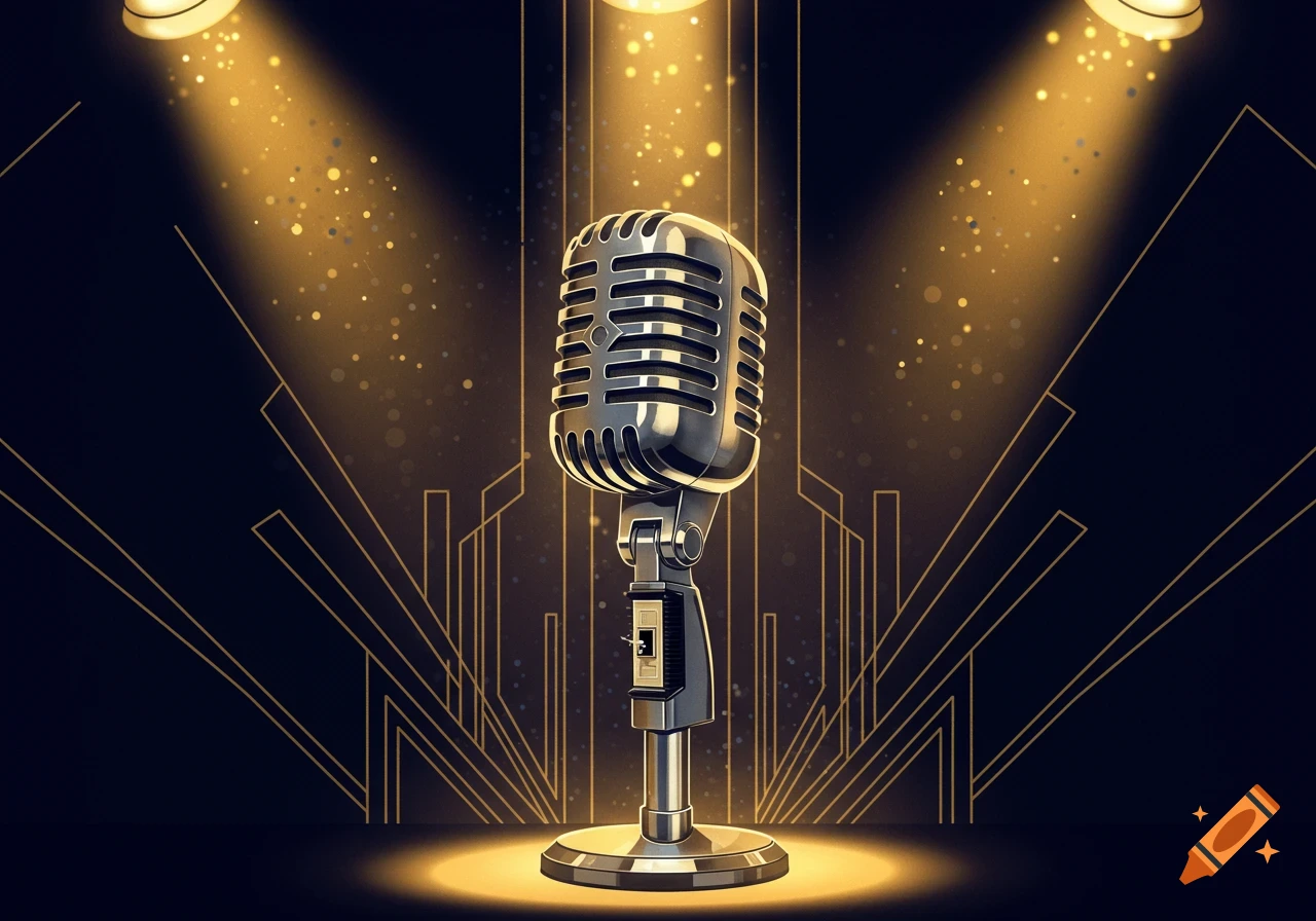 A vintage silver microphone stands center stage under golden spotlights with art deco lines and sparkling dust.
