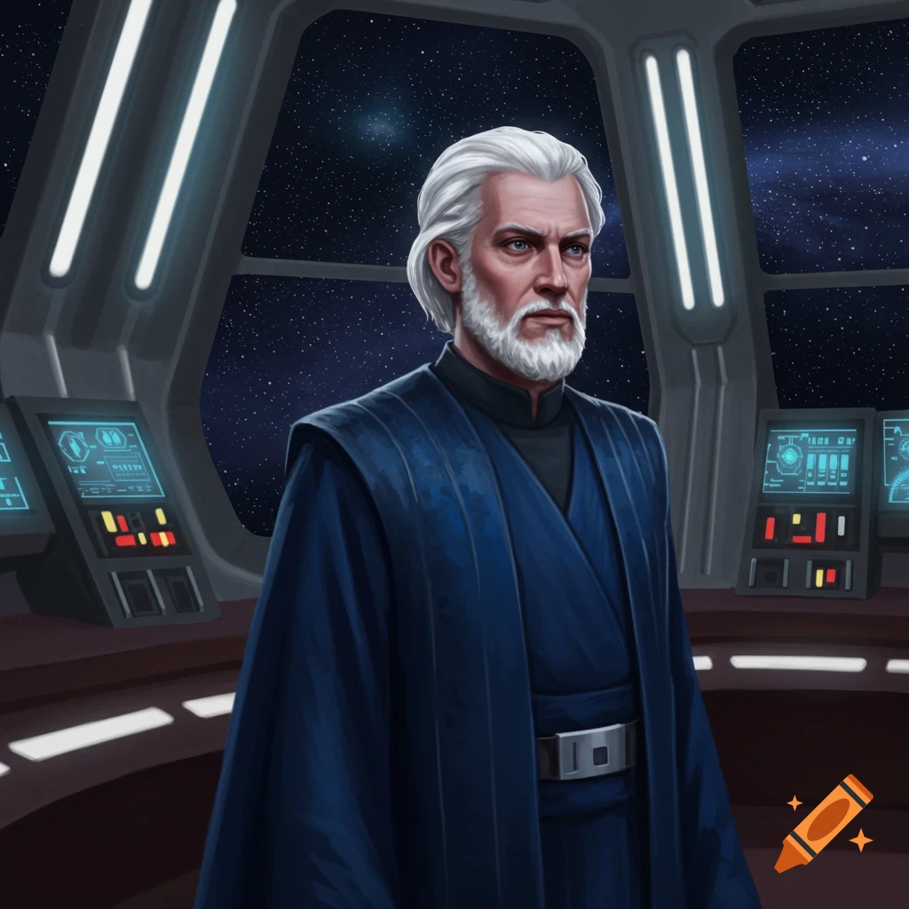 An illustrated portrait of an older man with white hair and beard in a blue robe, standing in a spaceship cockpit with a starry background.
