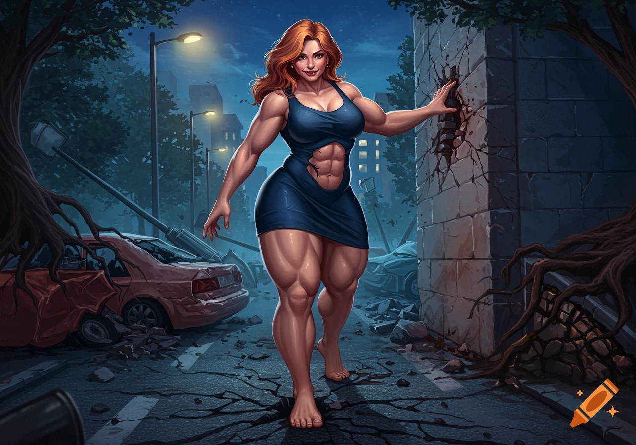 A muscular woman in a torn blue dress stands barefoot in a destroyed city street, hand on a crumbling wall, cracking the ground.
