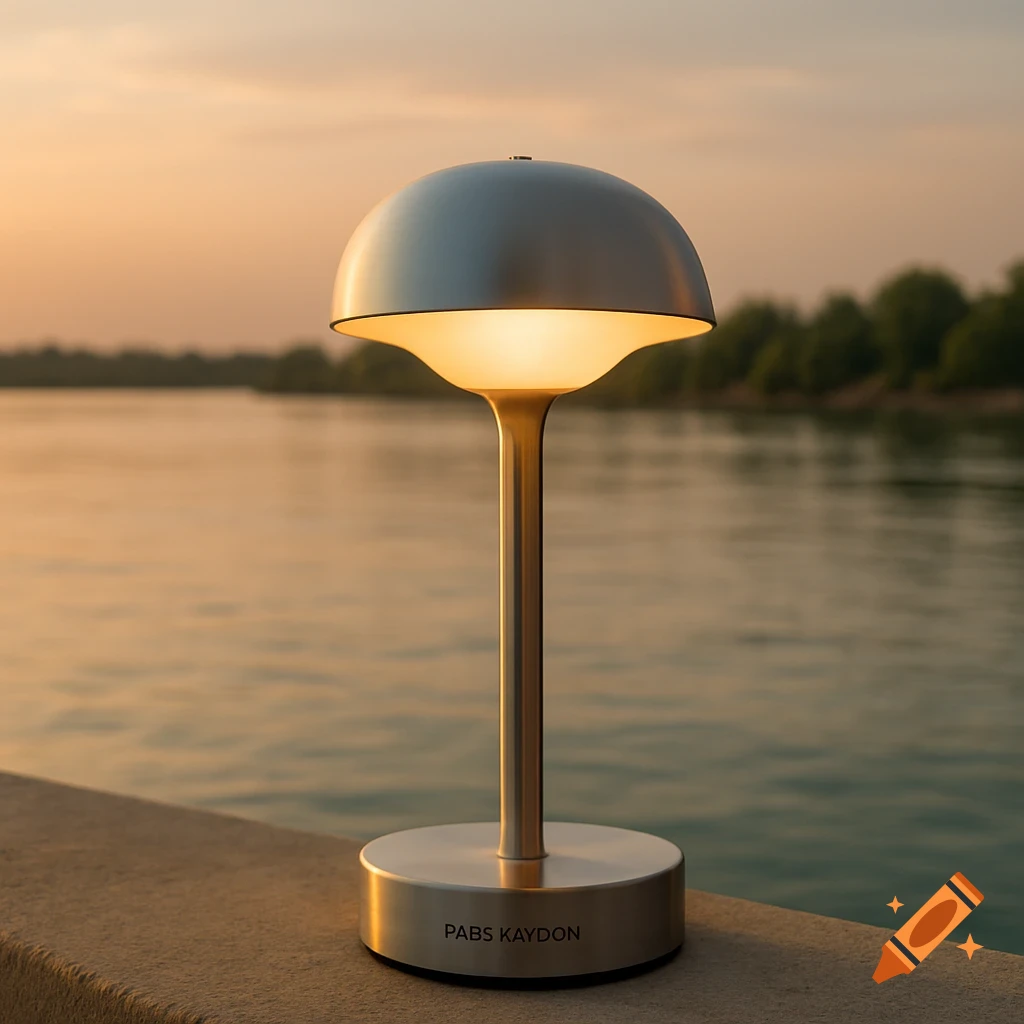A modern silver table lamp with a glowing base sits on a concrete ledge next to a river at sunset.