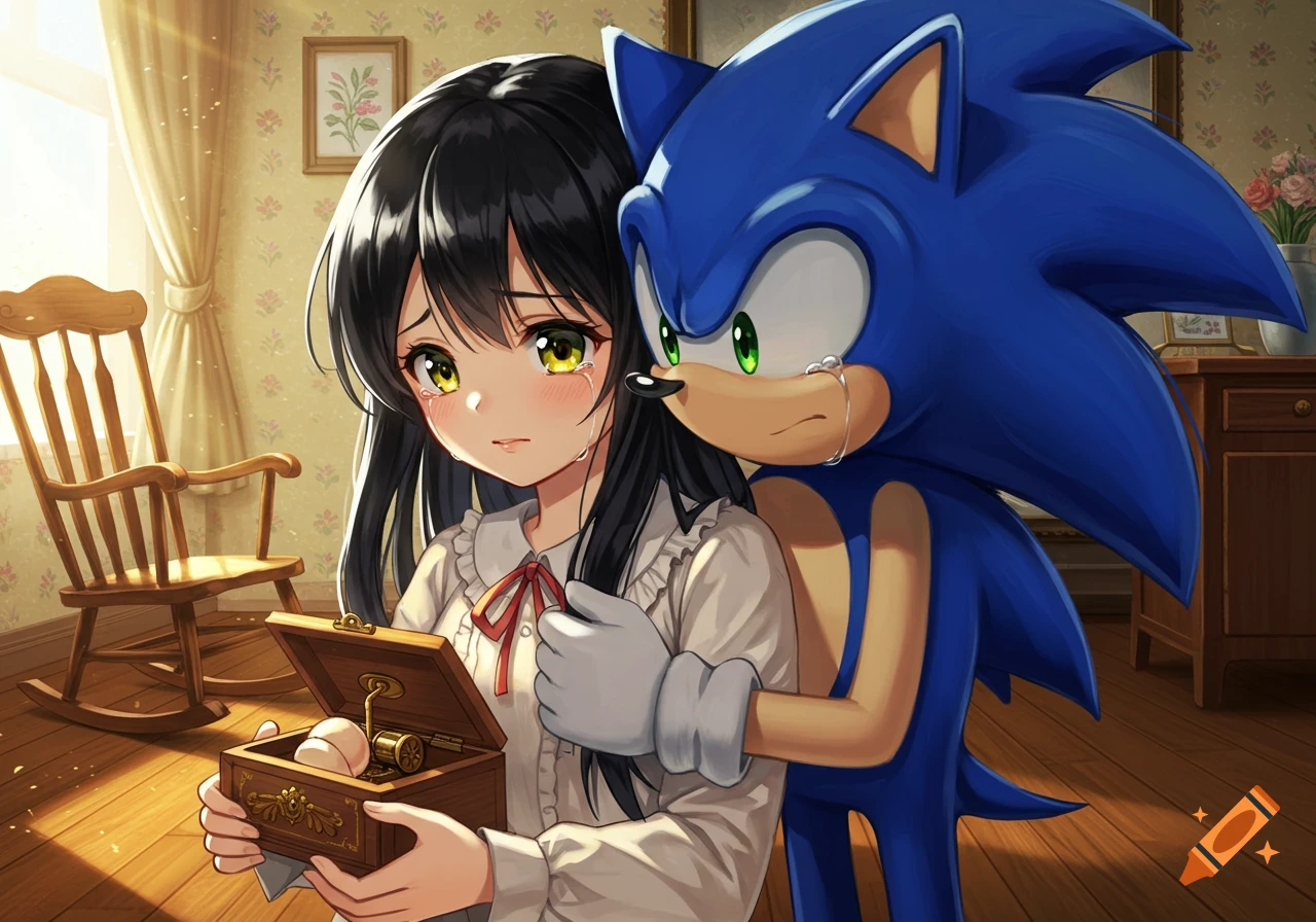 Anime girl with black hair and yellow eyes crying while holding a music box, comforted by Sonic the Hedgehog hugging her from behind.