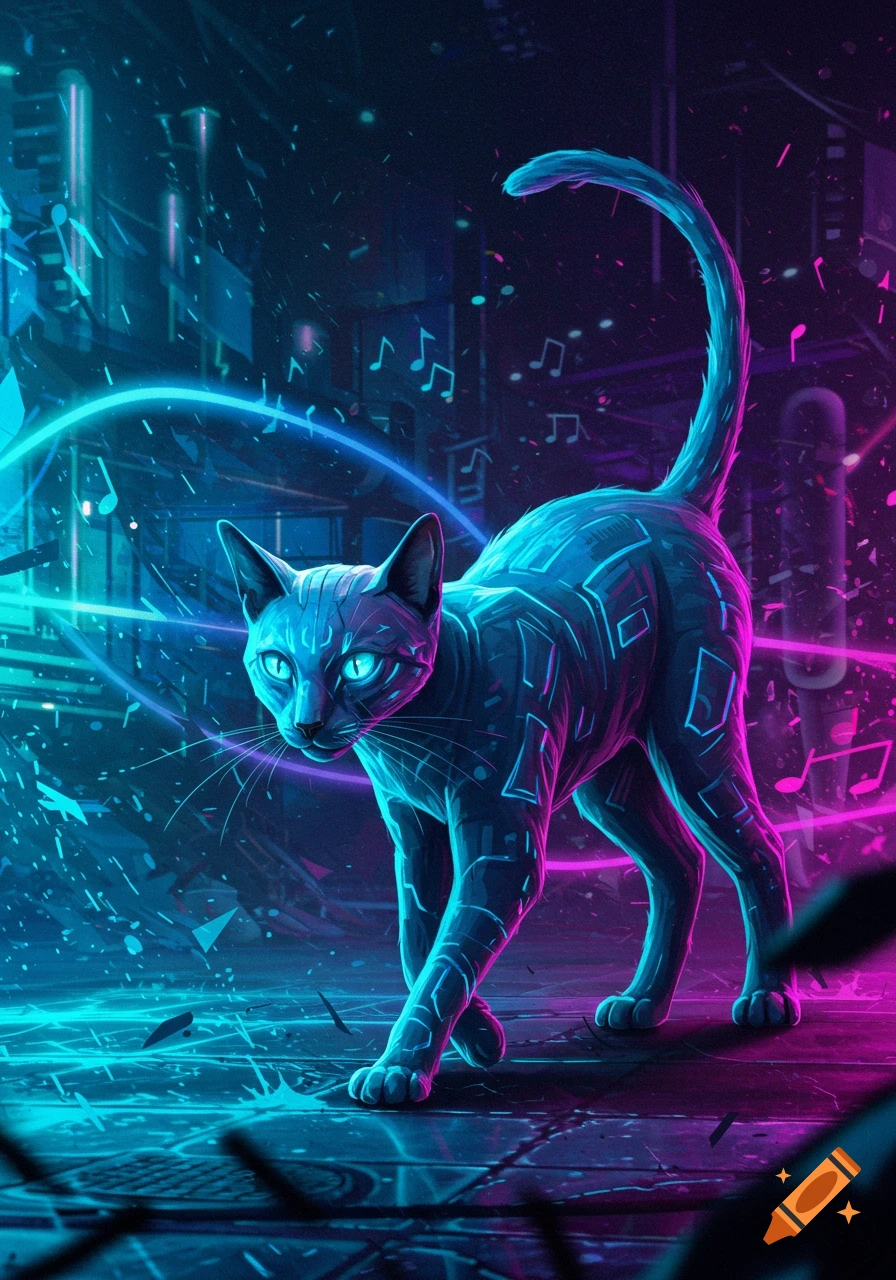 A sleek, glowing neon cat walks through a dark, futuristic cyberpunk city street with floating musical notes.