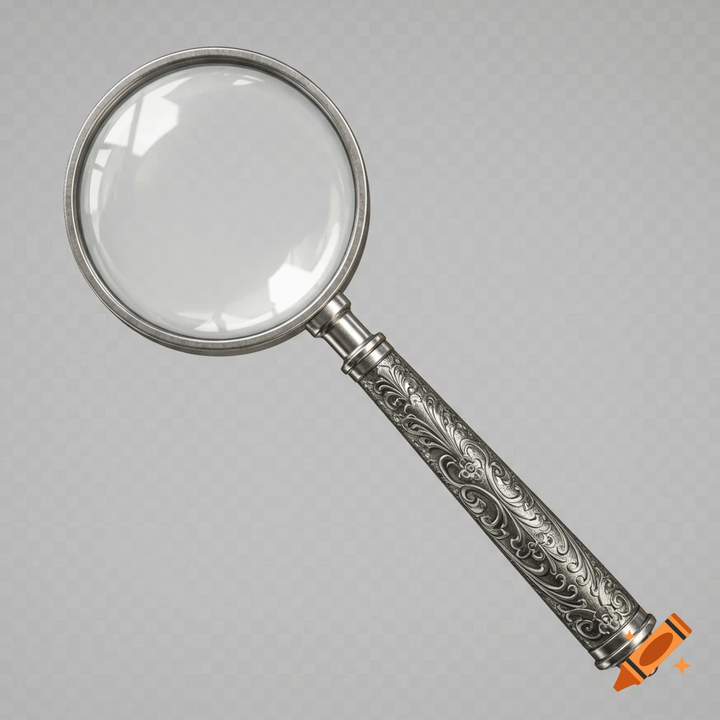 Silver magnifying glass with an ornate handle on a transparent background.