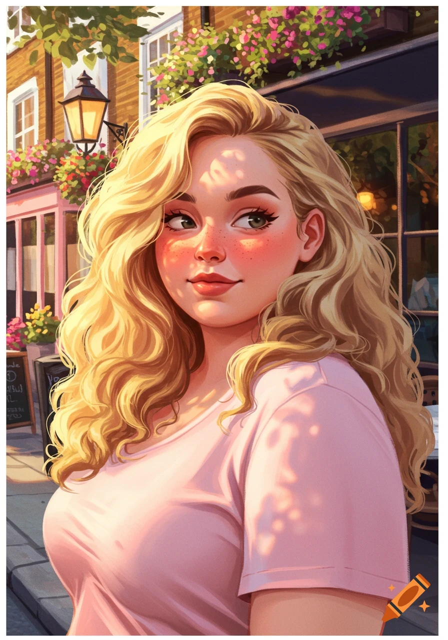 A blonde woman with curly hair and freckles smiles, standing outdoors in front of a building with flowers, in an artistic illustration style.