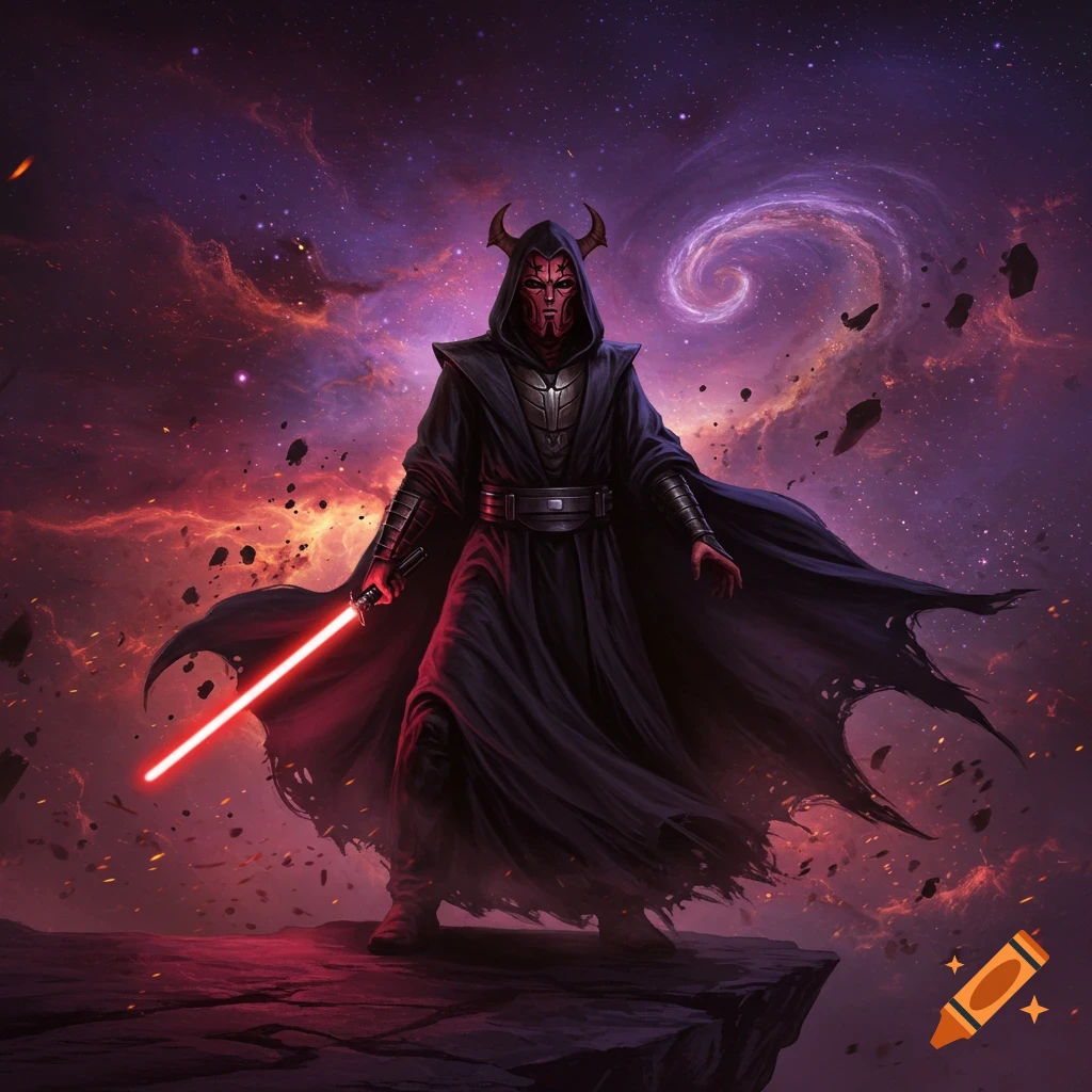 A horned dark robed figure holds a red lightsaber on a cliff overlooking a fiery cosmic nebula.