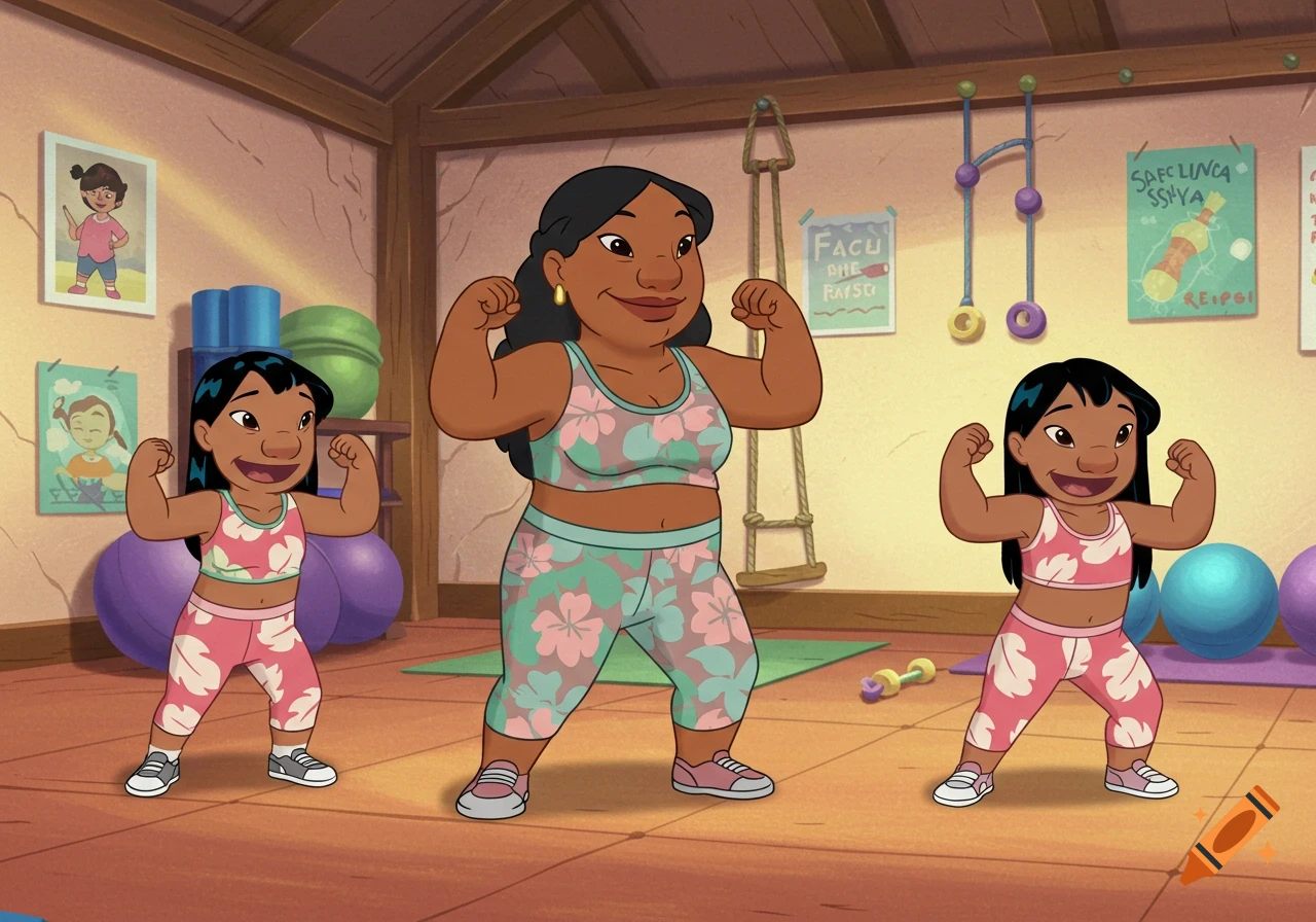 Lilo's mom and two young girls resembling Lilo flex their arms in a cartoon gym, with workout equipment and posters in the background.