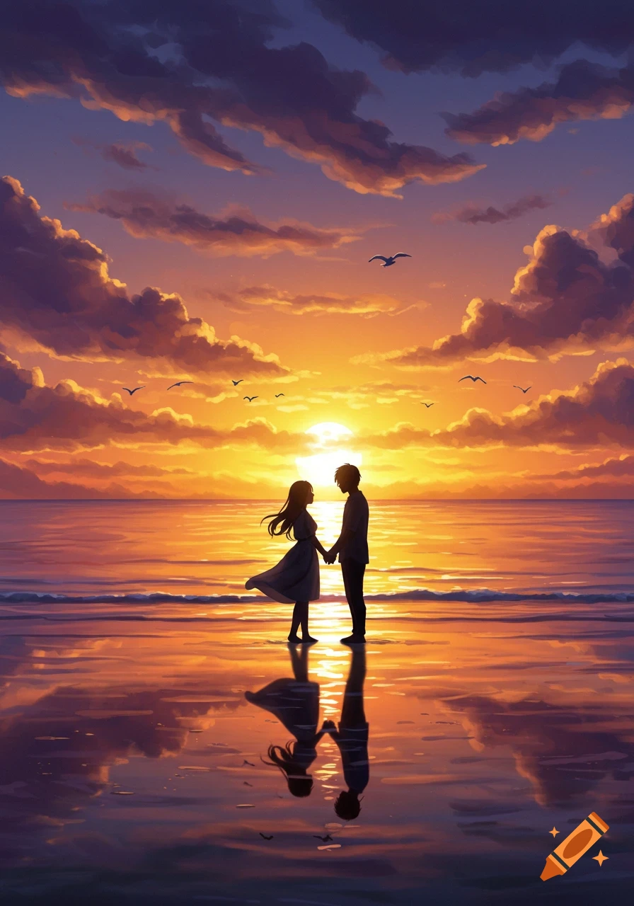 An anime-style illustration of a couple holding hands on a beach at a vibrant sunset, with their reflections in the water.