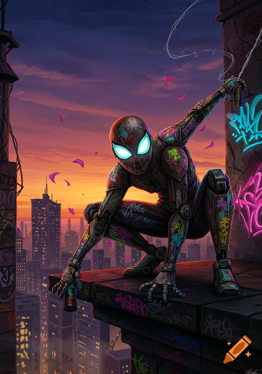 A Spider-Man-like character in a black, armored suit covered in colorful graffiti, crouching on a city rooftop at sunset with a spray can in hand.
