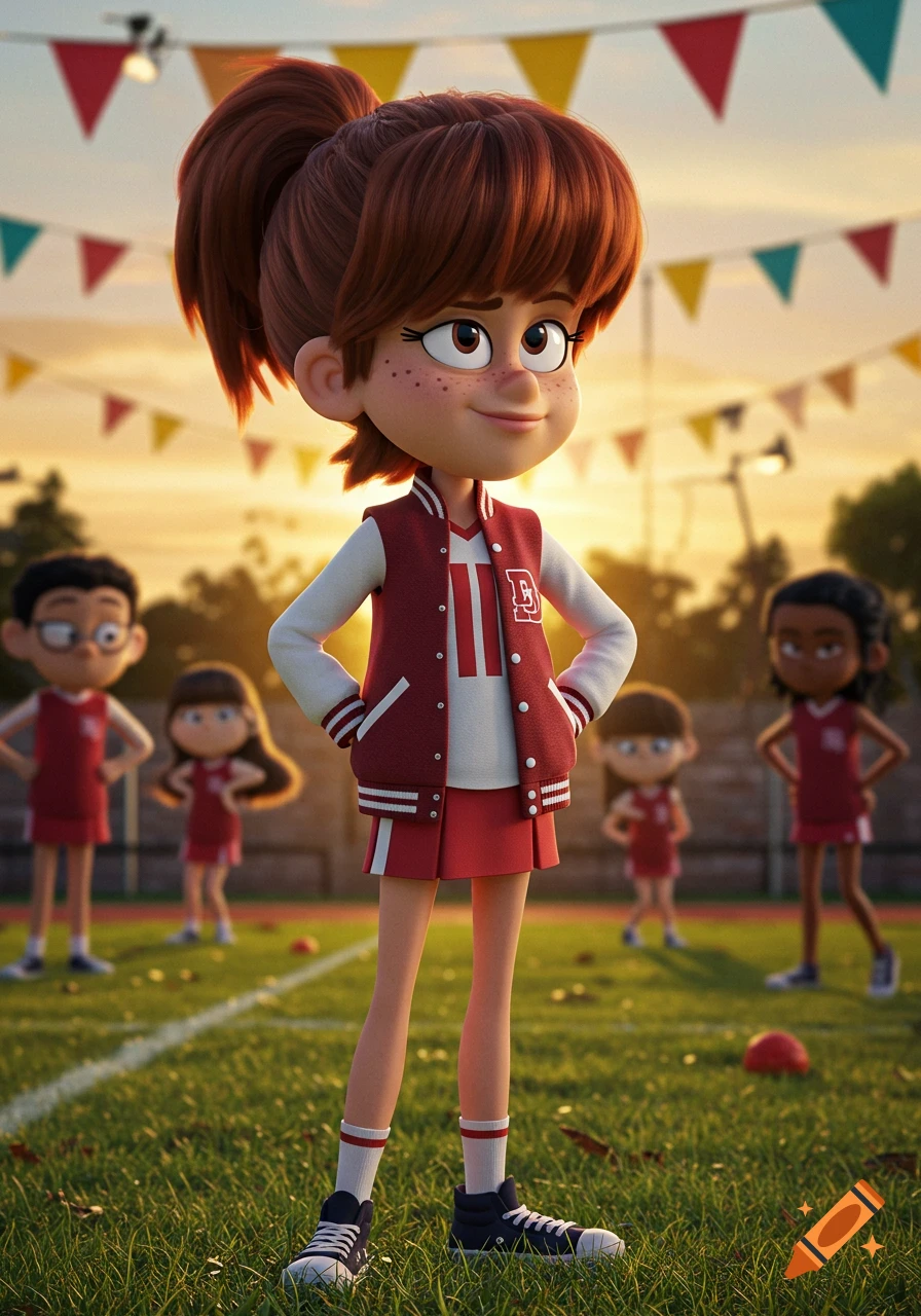 A stylized animated girl with a ponytail and freckles wearing a maroon and white varsity jacket and skirt stands on a grassy sports field at sunset, with other blurry animated figures in the background.