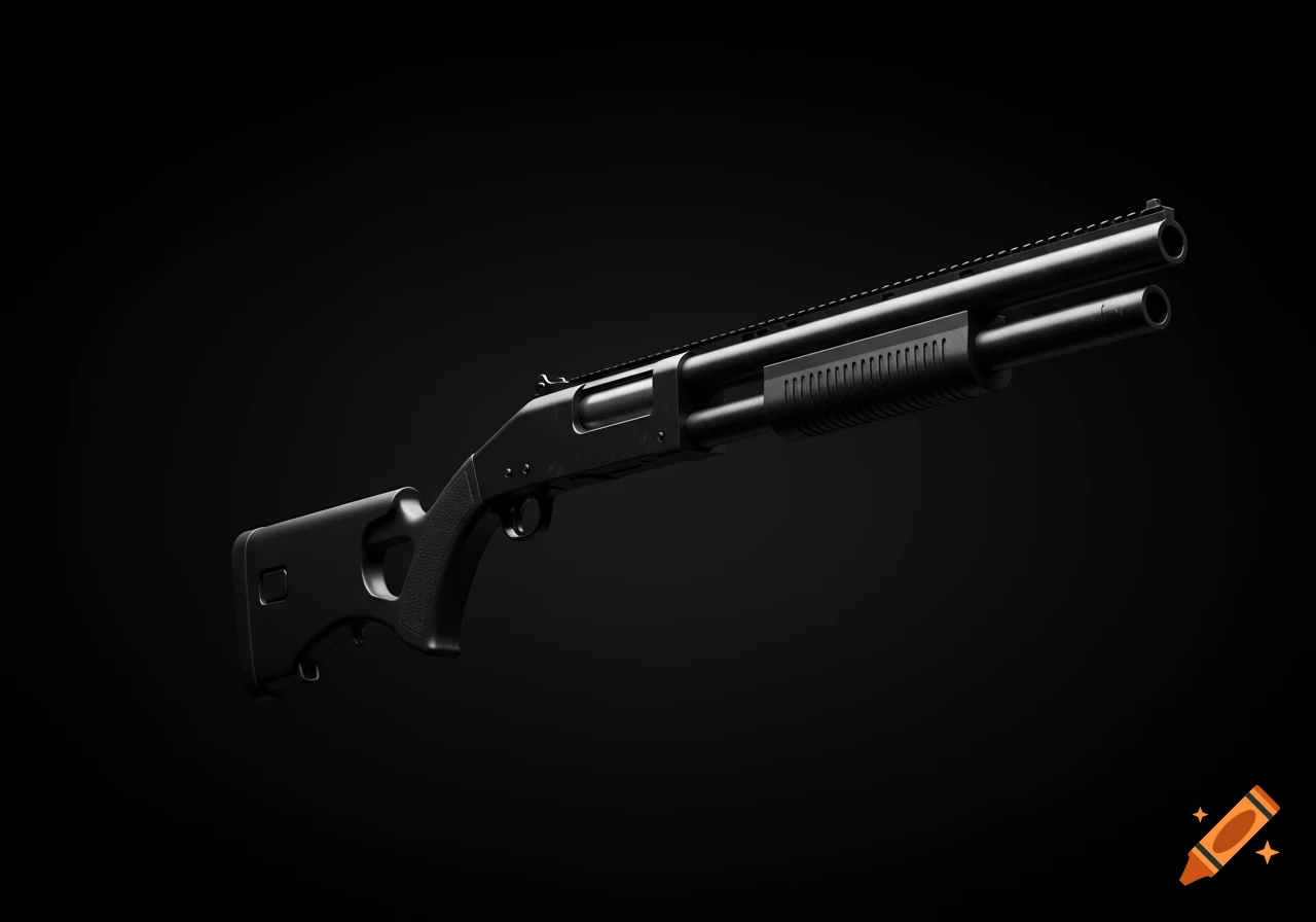 A full jet black shotgun blaster, seen against a solid black background.