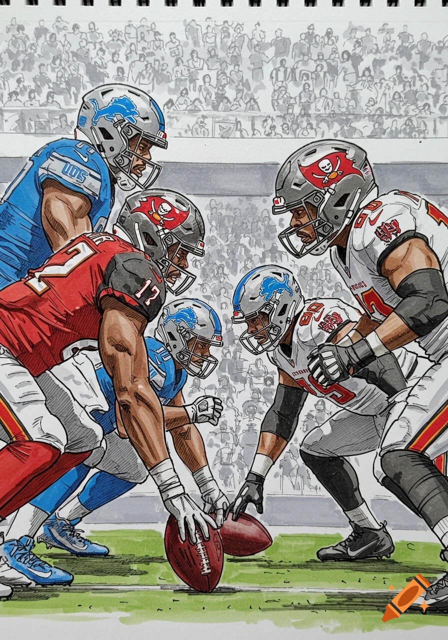 Hand-drawn illustration of Detroit Lions and Tampa Bay Buccaneers football players on a sketch pad, facing off on the field.