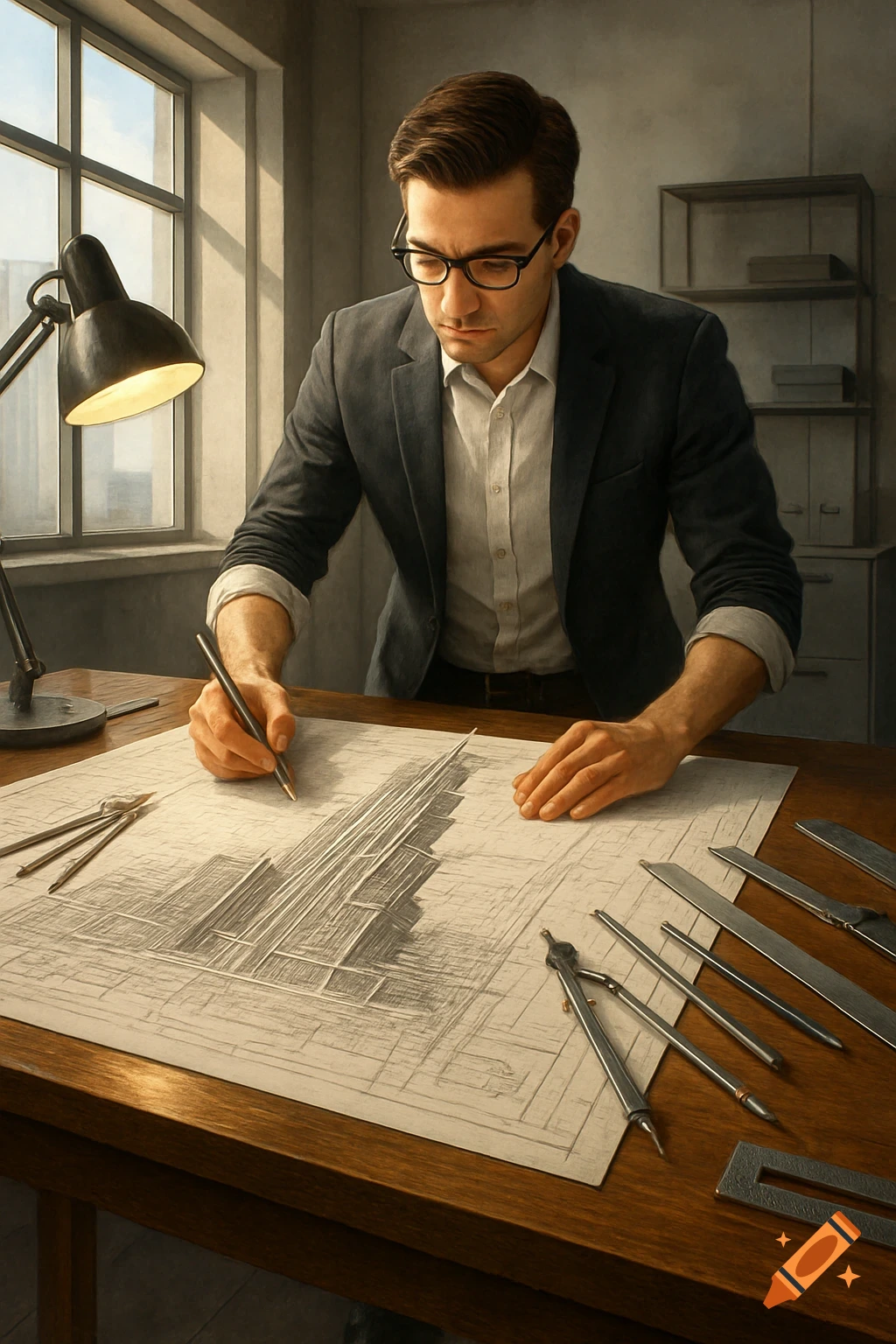 A man in a suit jacket draws a detailed building blueprint on a large sheet of paper with drafting tools on a wooden desk.