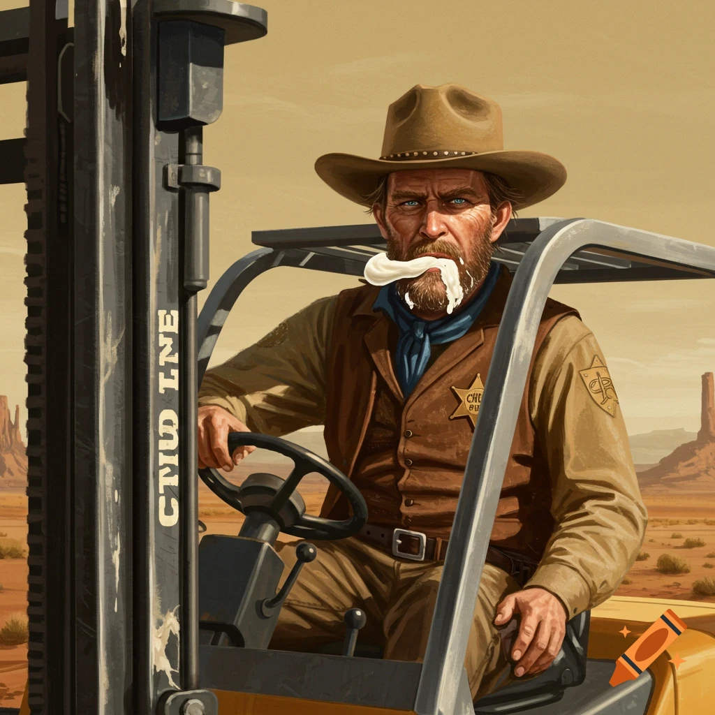 Old west sheriff, with ranch dressing on his chin, sits in a forklift in a desert landscape.