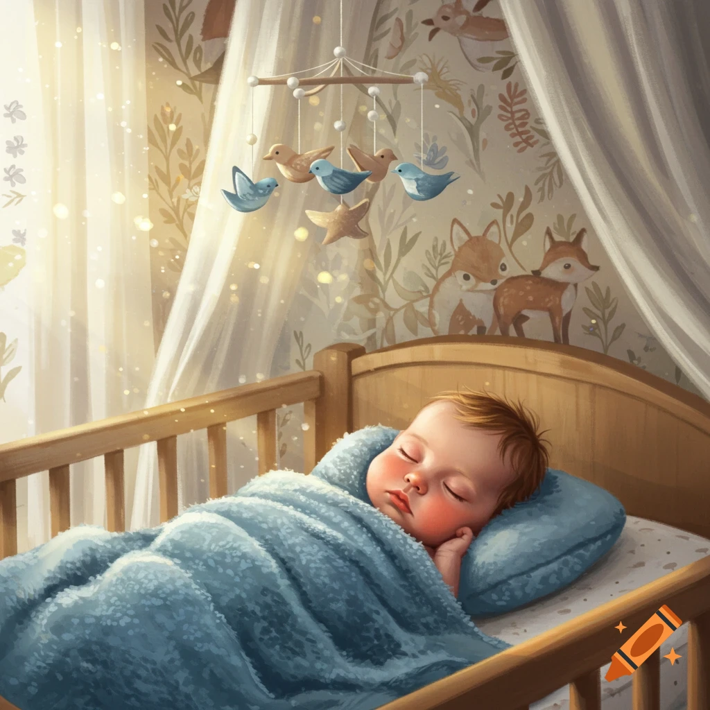 A sleeping baby in a wooden crib, covered by a blue blanket, under a mobile with birds and stars, in a dreamy nursery with woodland wallpaper.