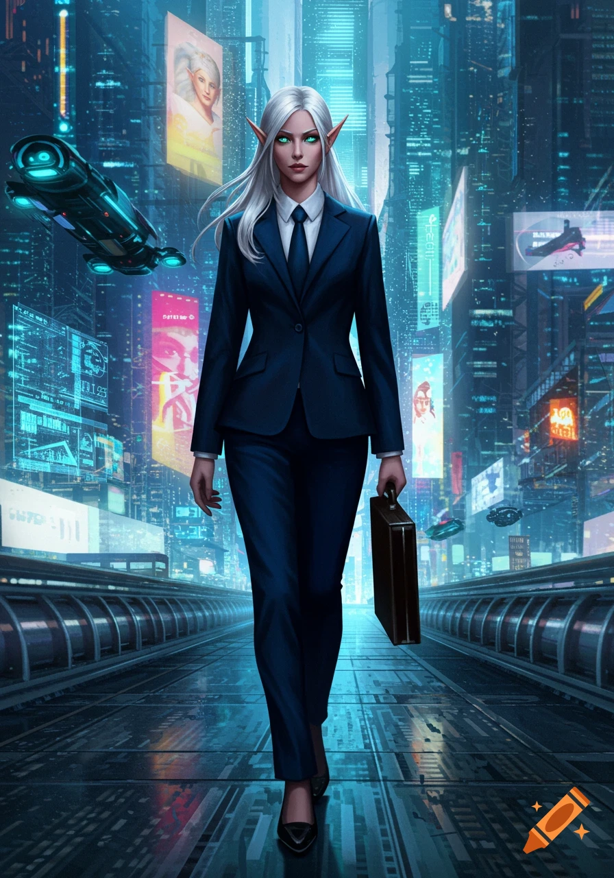 A white-haired elf business woman in a suit walks down a futuristic city street with neon signs and flying vehicles, digital art.