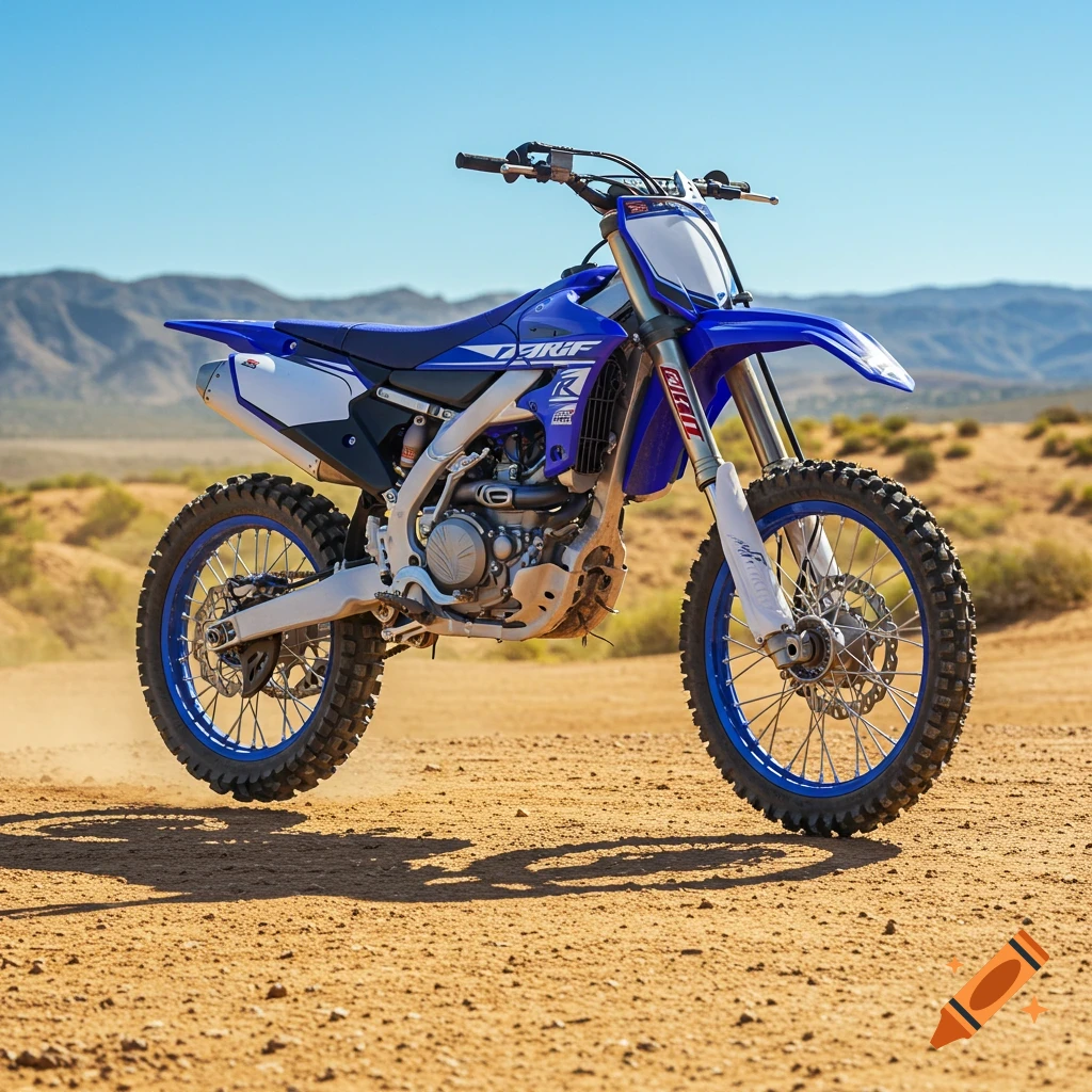 A blue and white Yamaha YZ motocross dirt bike is captured mid-air on a dirt track in a desert landscape under a clear blue sky, kicking up dust.
