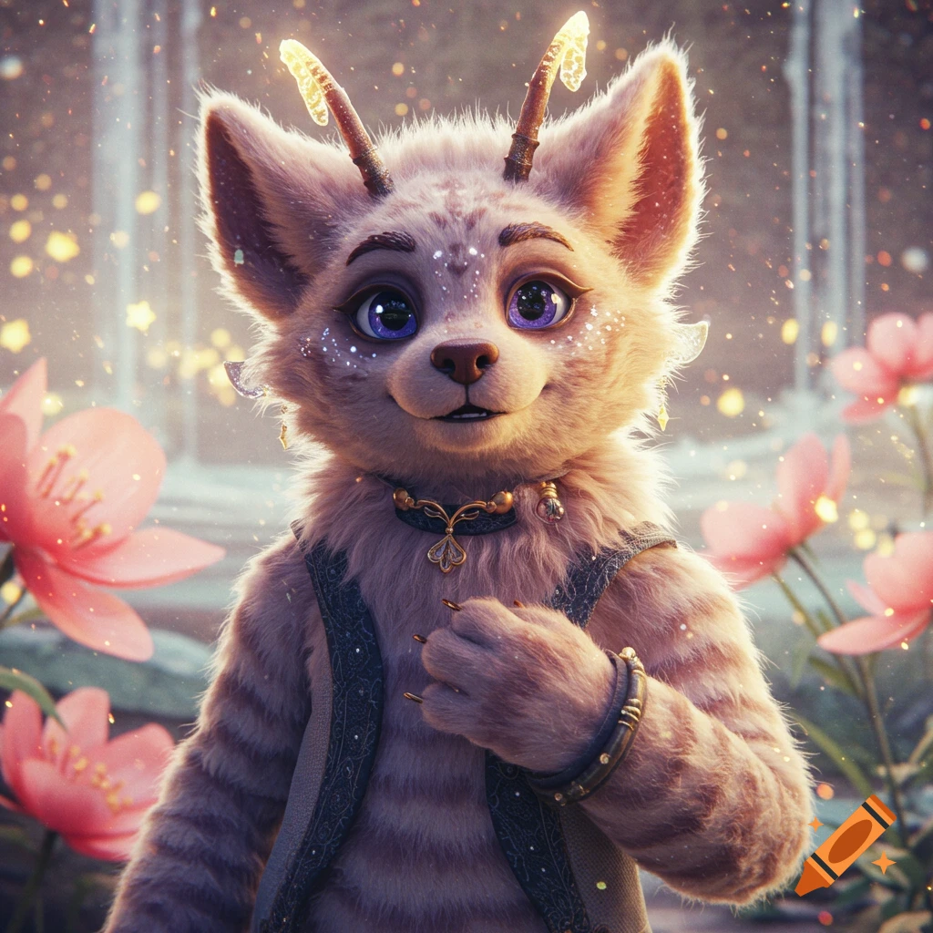 A cute furry creature with large purple eyes, glowing antennae, glitter on its face, and a necklace, standing among pink flowers with bokeh lights.