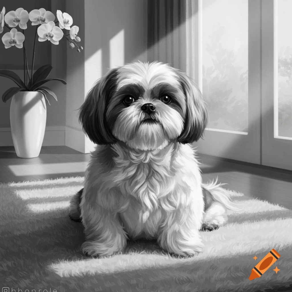 Black and white Shih Tzu dog sitting on a sunlit fluffy rug indoors, with an orchid plant in the background.