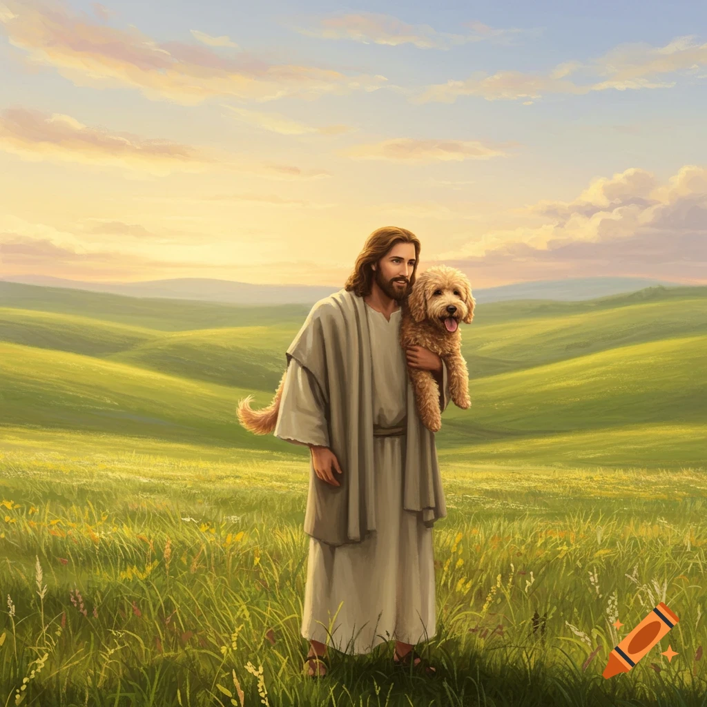 Jesus Christ holds a fluffy golden doodle in a green field under a warm sunset sky.