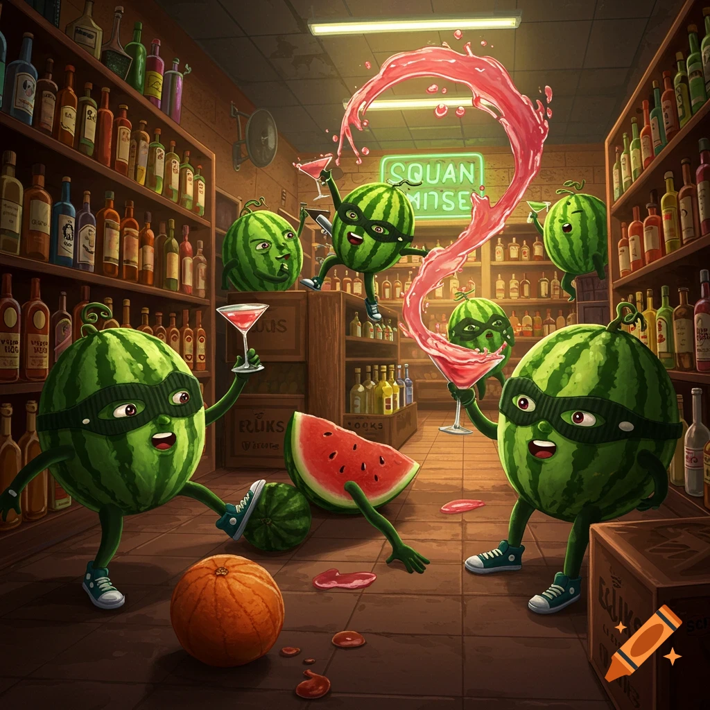 Cartoon anthropomorphic watermelons in bandit masks 'robbing' a liquor store, holding cocktails, with liquid spilling.