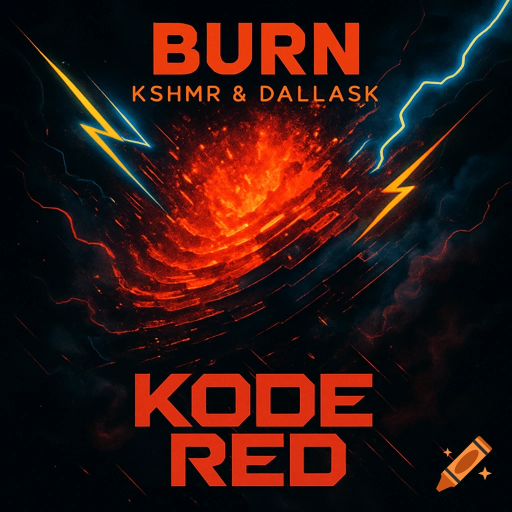 An album cover with a fiery red explosion and lightning bolts. Text reads 'BURN' and 'KODE RED'.