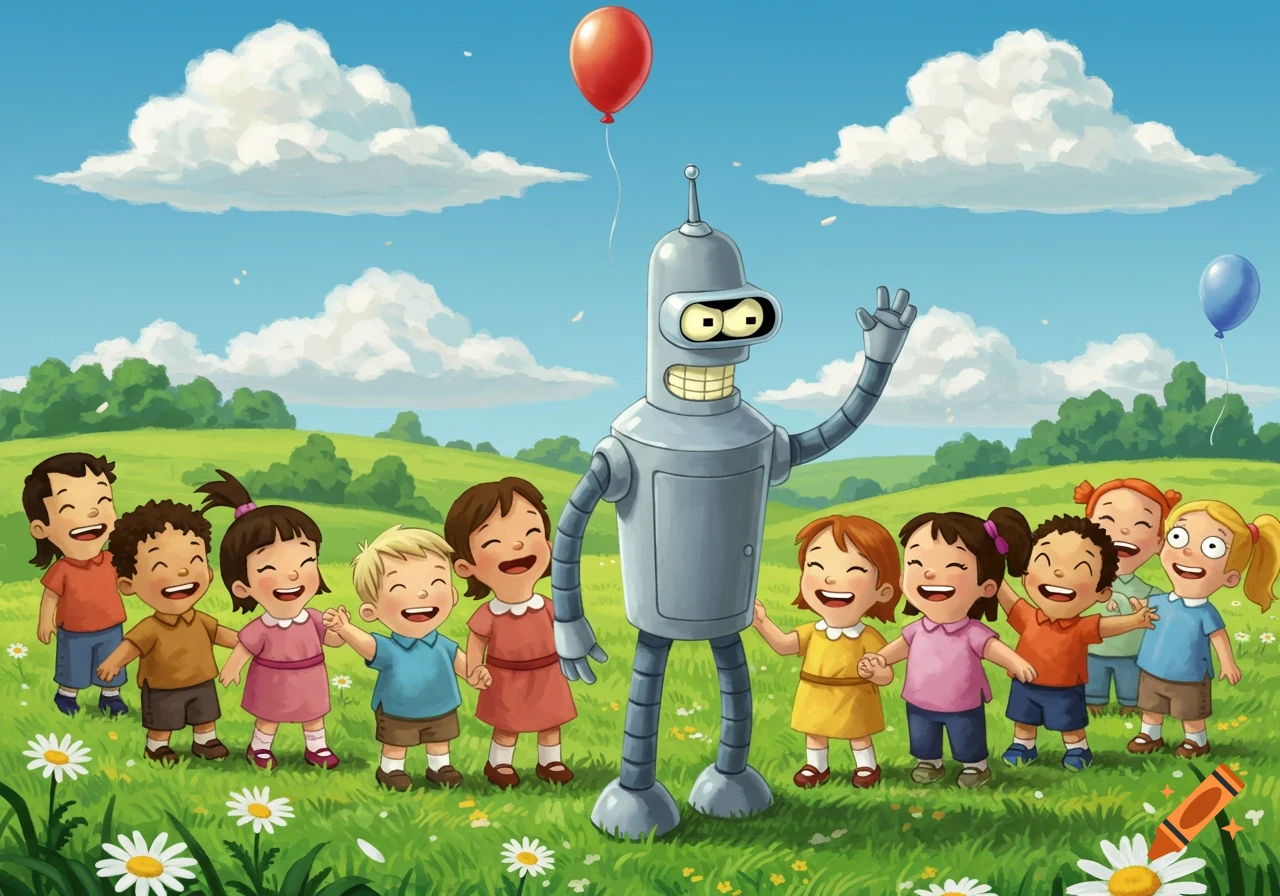 Bender the robot waves, surrounded by happy children holding hands in a bright, grassy field with daisies, cartoon illustration.