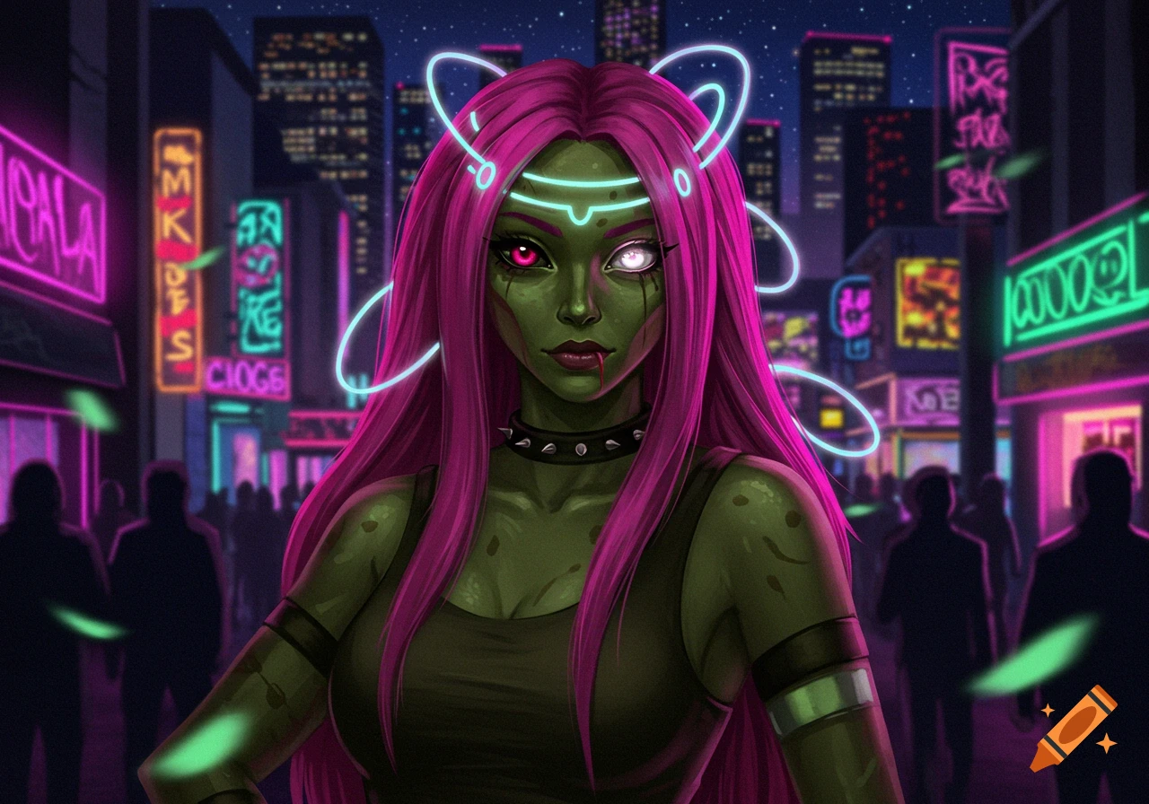 Green-skinned woman with long pink hair and glowing eyes in a neon cyberpunk city at night, digital art.