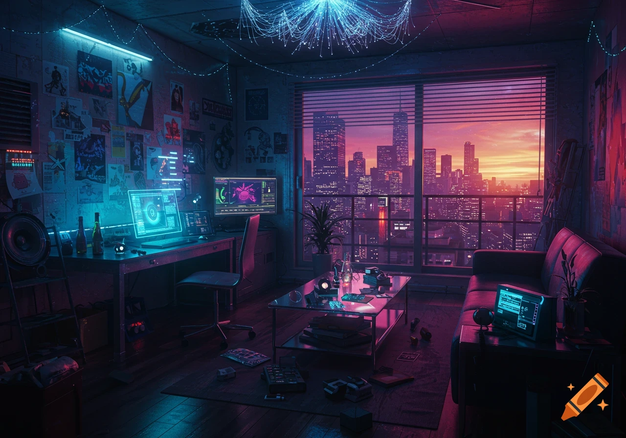 A neon-lit cyberpunk apartment at dusk with a city skyline visible through a large window, featuring computer setups and cluttered decor.