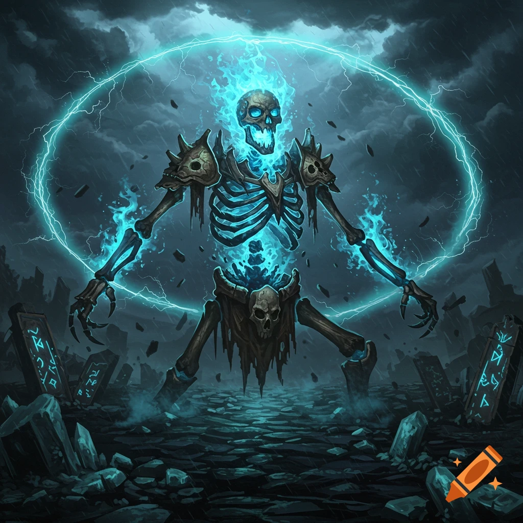 A powerful blue glowing skeletal monster, wreathed in lightning and fire, stands amidst ancient rune-covered stones under a stormy sky.