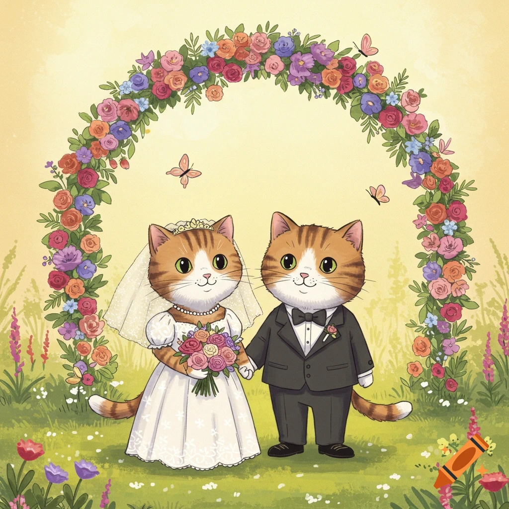 Two cute cartoon cats, a bride in a white dress and veil and a groom in a black tuxedo, stand under a colorful flower arch in a grassy field.
