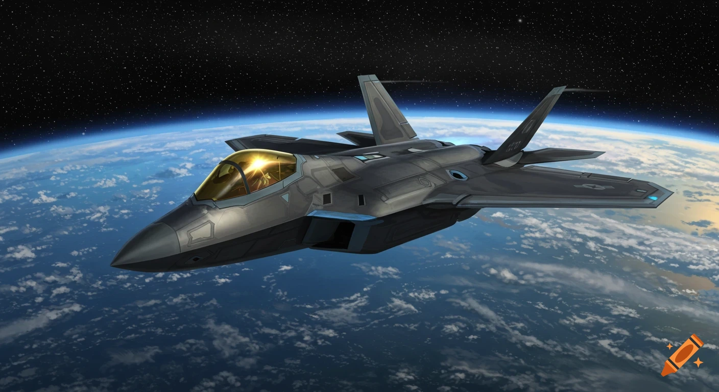 A sleek, dark futuristic stealth fighter jet with a gold-tinted cockpit flies above Earth's atmosphere, with stars visible in the dark sky.