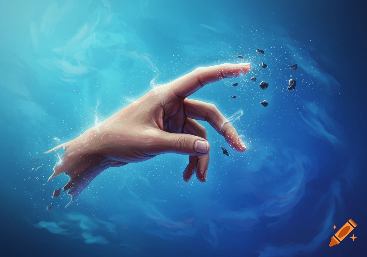 A human hand appears to be disintegrating into particles and glowing dust against a blue, ethereal background, in a digital art style.