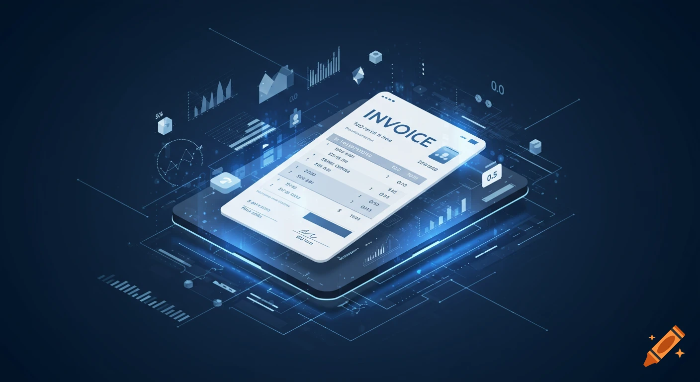 Isometric view of a smartphone displaying an invoice application with various digital data visualizations in blue hues.