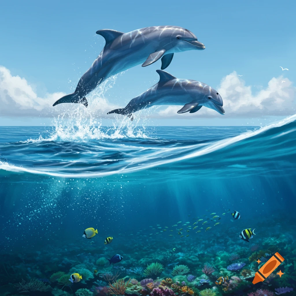 Two dolphins leap from the ocean above a vibrant coral reef with fish, under a blue sky.
