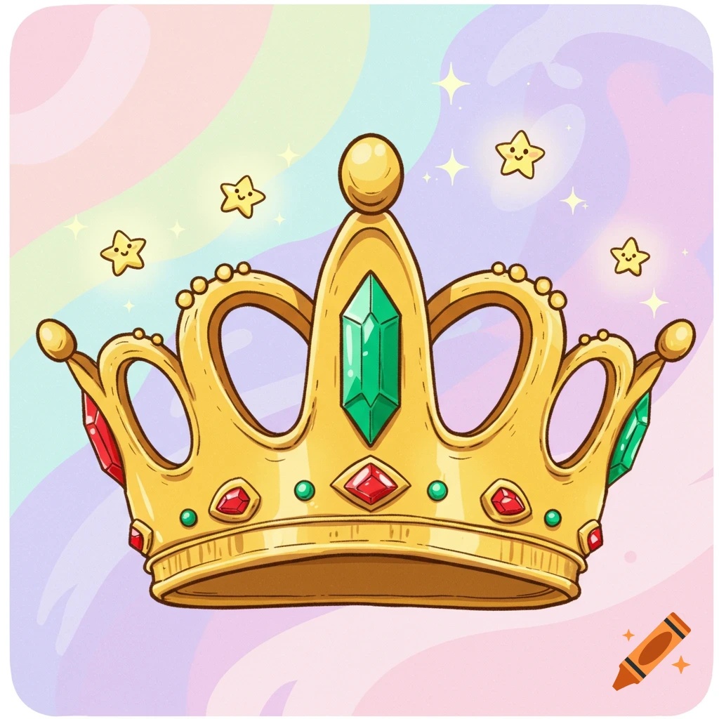 A cartoon golden crown adorned with green and red gems, set against a pastel rainbow background with sparkling stars.