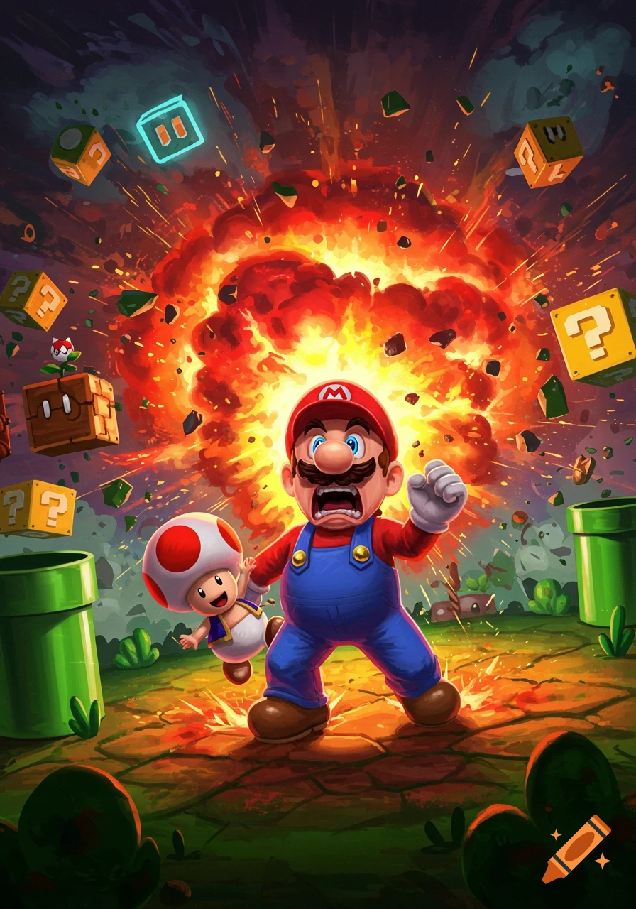Mario and Toad appear shocked by a massive explosion, surrounded by flying blocks and pipes in a vibrant video game illustration.